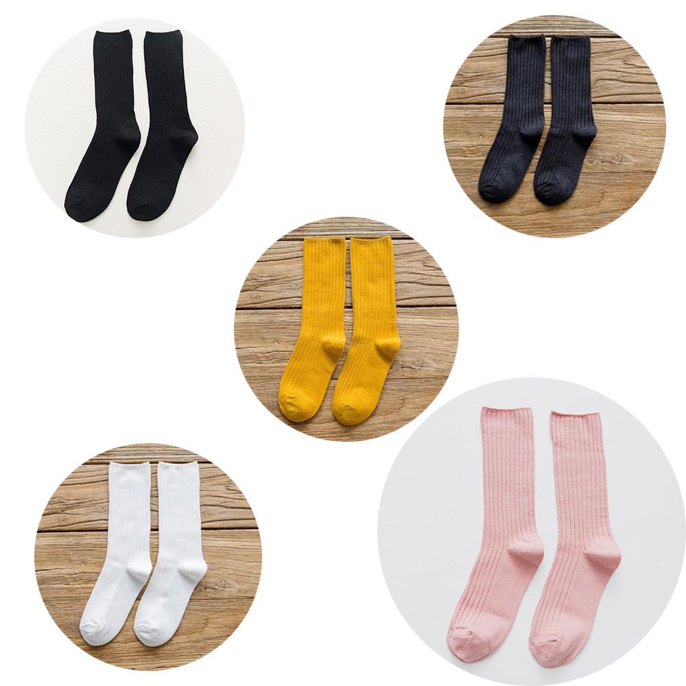 5 Pairs Solid Ribbed Crew Socks Women Mixed Color 4 Seasons Fit Loose Socks Set Daily Basic Sox