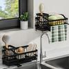 Sink Organizer with Towel Rail Double Compartment Storage Rack Removable Drain Tray Rust-Proof Iron Kitchen Caddy for Sponges Brushes Dishcloths