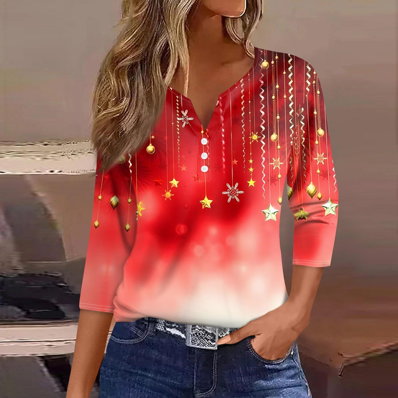 

Женская футболка с рождественским принтом, на пуговицах, рукав 3/4, повседневная мода на выходные, базовый топ с V-образным вырезом L киноварь