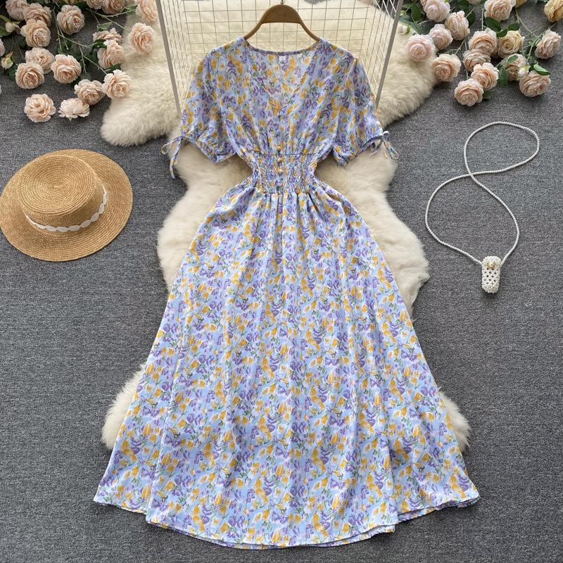 Women Summer Spring Short Sleeve Flower Print V-neck Casual A-Line Ankle-Length High Waist Dress