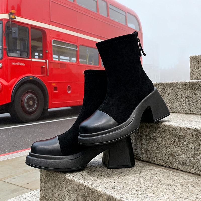 European spring and autumn high-heeled short boots for women's new small men show height, autumn and winter thin with skirts, thick-soled Martin boots