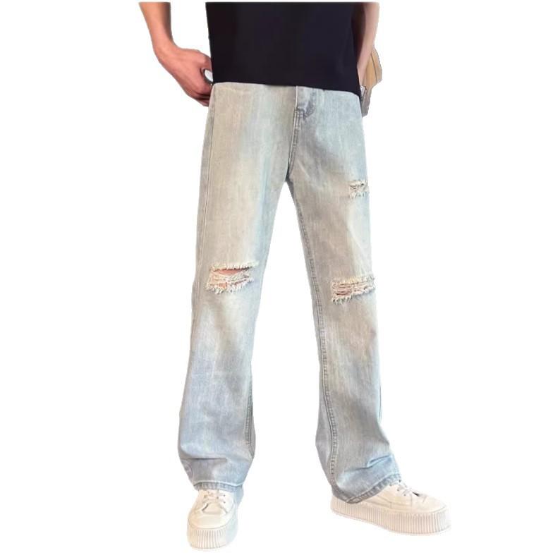 Washed Retro Ripped Jeans Men's Summer Thin Beggar Pants Straight Pants Spring and Autumn Casual Pants Commuter Long Pants