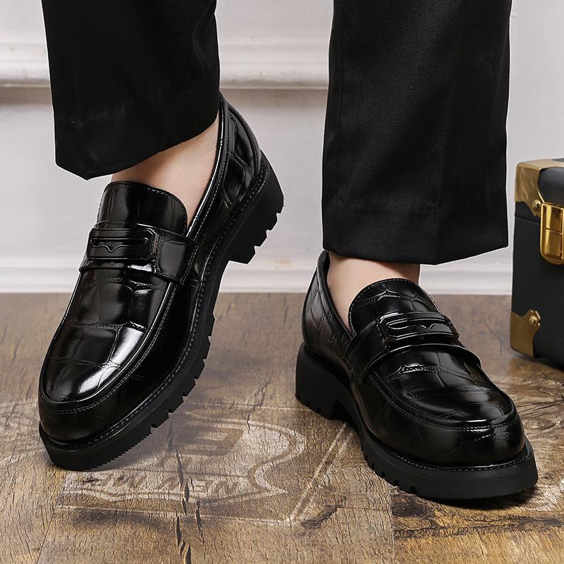 Fashion Men Business Leather Slip on Thick Formal Dress Male Shoes Quality Original Thick Soled Loafers Fashion Alligator Pattern Shoes