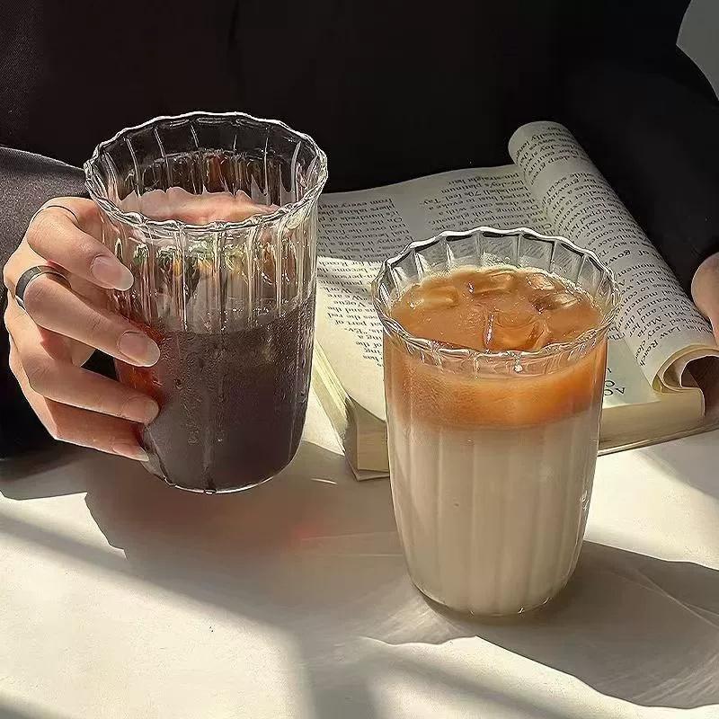 Ins Glazen Beker Hittebestendige Tumbler Drinkgerei Transparante Thee Sap Melk Koffie Mok Huis Waterglazen Streep Mok 14.81oz 420ML