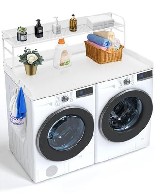 Washer Dryer Countertop with 2-Tier Shelf, 54" X 27" Wooden Washer and Dryer Countertop with Anti-Slip Pads