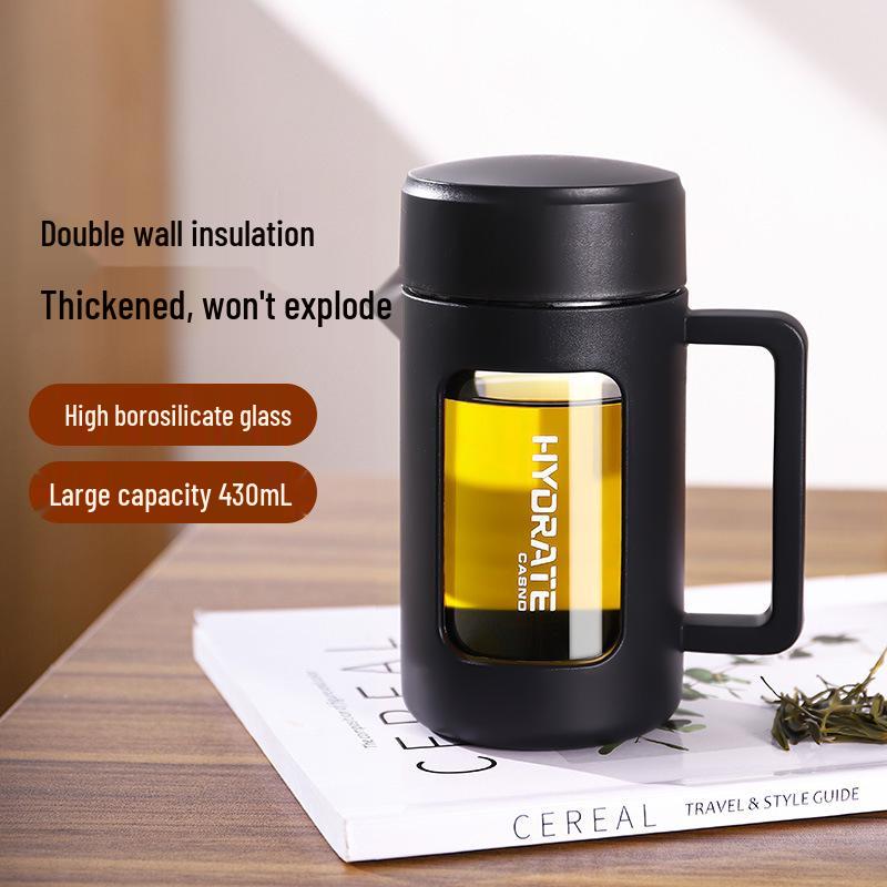 Qifan Double-Layer Insulated Glass Tea Cup with Handle - High Temperature Resistant and Anti-Fall for Office Use