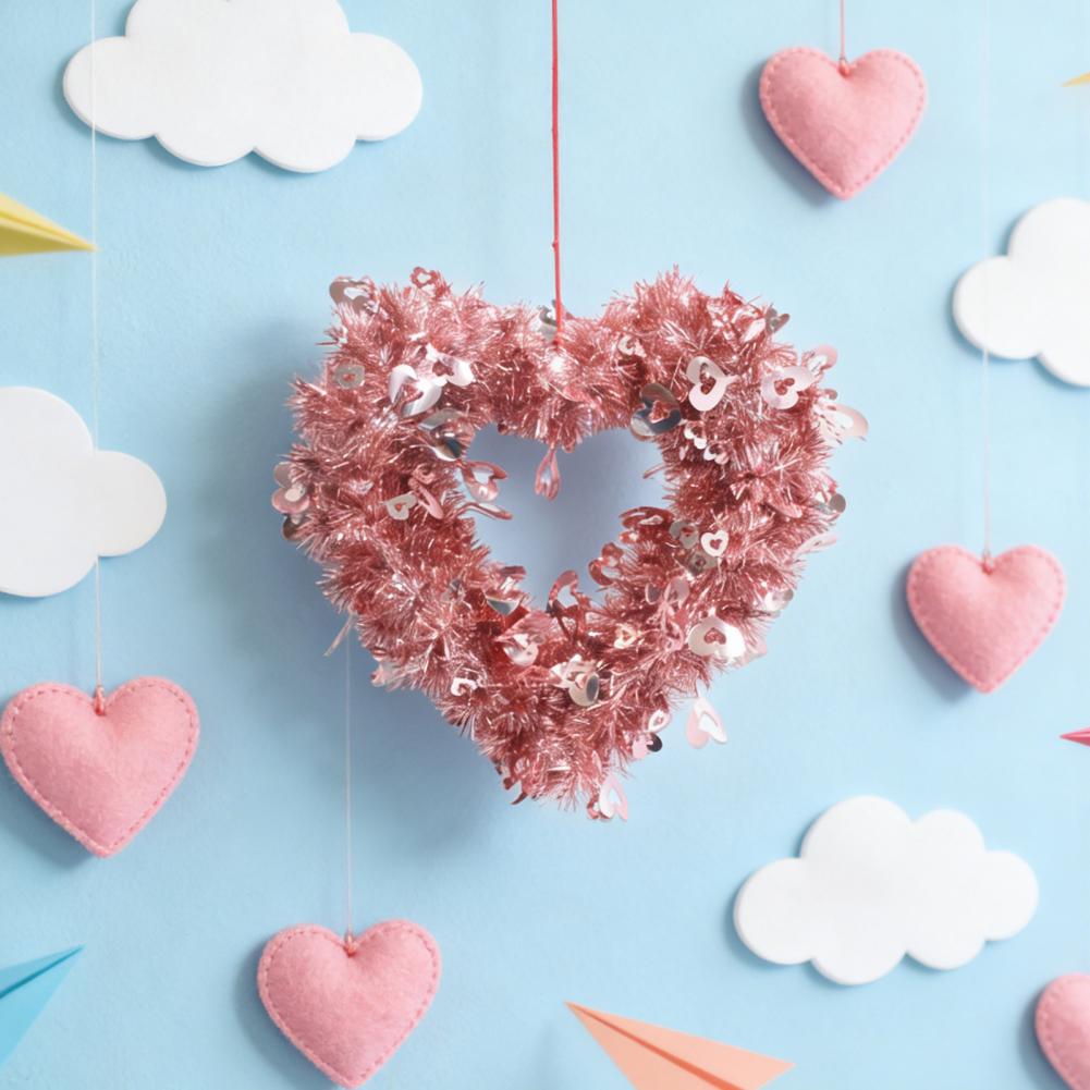 Tinsel Heart Shaped Wreath with Bow for Front Door Valentine's Day Red Pink Heart Wreath for Wedding Party Wall Decor
