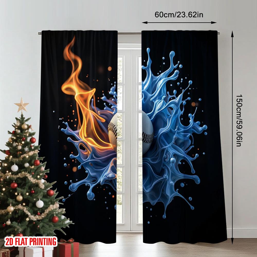 Flat Printing Curtain Fire Water Soccer Ball Digital Printed Polyester Drapes Festive Holiday Use Door Wall Yard All Curtains Set Of 2 Made