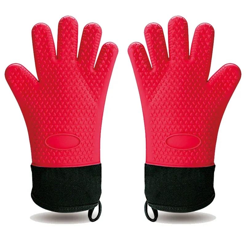2Pcs Long Silicone Kitchen Gloves BBQ Grill Gloves Heat Resistant Microwave Oven Mitts With Cotton Lining Baking Cooking Gloves