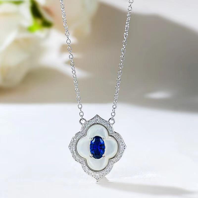 Lulu Tongzhu S925 Silver Necklace with White Mother-of-Pearl & Royal Blue Inlay 4x6mm Clavicle Chain Pendant for Women.