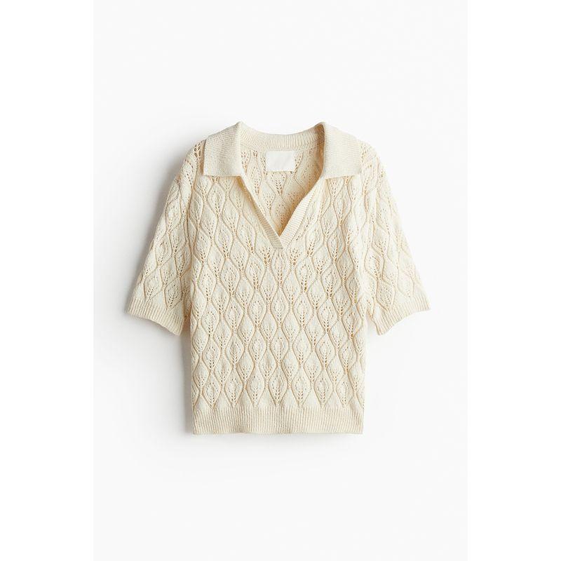 

HM Женская одежда Шерстяной свитер Лето Мягкая сетка Рубчик Воротник поло с коротким рукавом 1244884 Cream 155/80