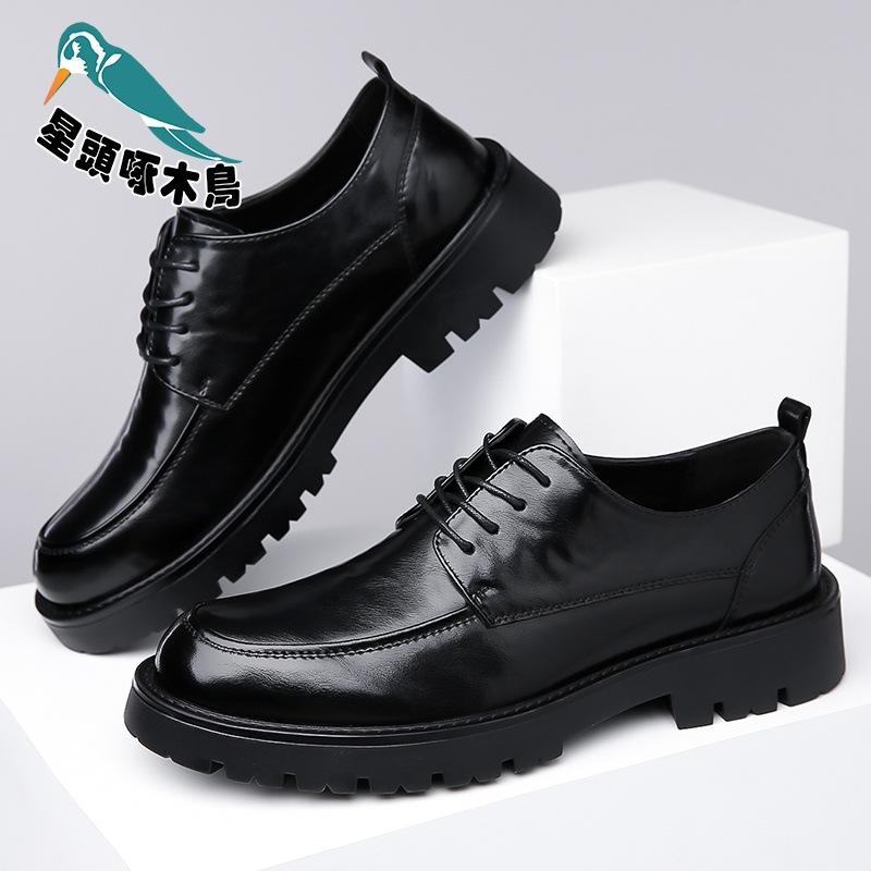 One-foot square head leather shoes men's high-end thick-soled glossy patent leather British inner height-increasing leather shoes