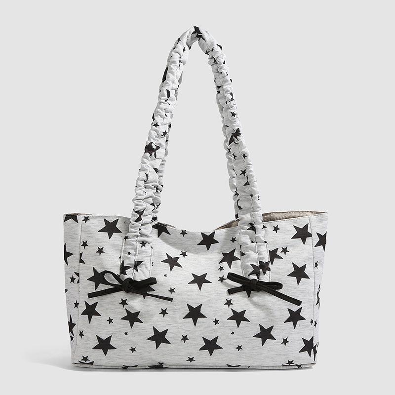

Striped & Polka Dot & Star Print Tote Bag With Bow Design Large Capacity Casual Shoulder Bag Lightweight Daily Commute Handbag