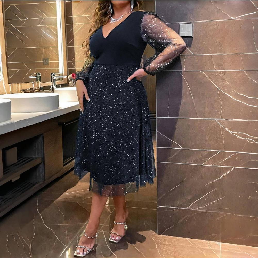 LYRIA Elegantní dámské sexy midi šaty s V výstřihem a průsvitnými síťovanými rukávy s flitry Dámské volánové společenské šaty Krása Plus Size Oblečení 2023-2024