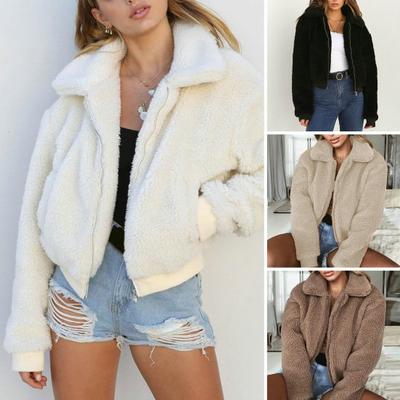 Damen-Wintermantel, dicker Plüsch, einfarbig, langärmelig, mit Reißverschluss, weich, warm, Taschen, Revers, lässig, elastische Manschette, kurze Außenjacke