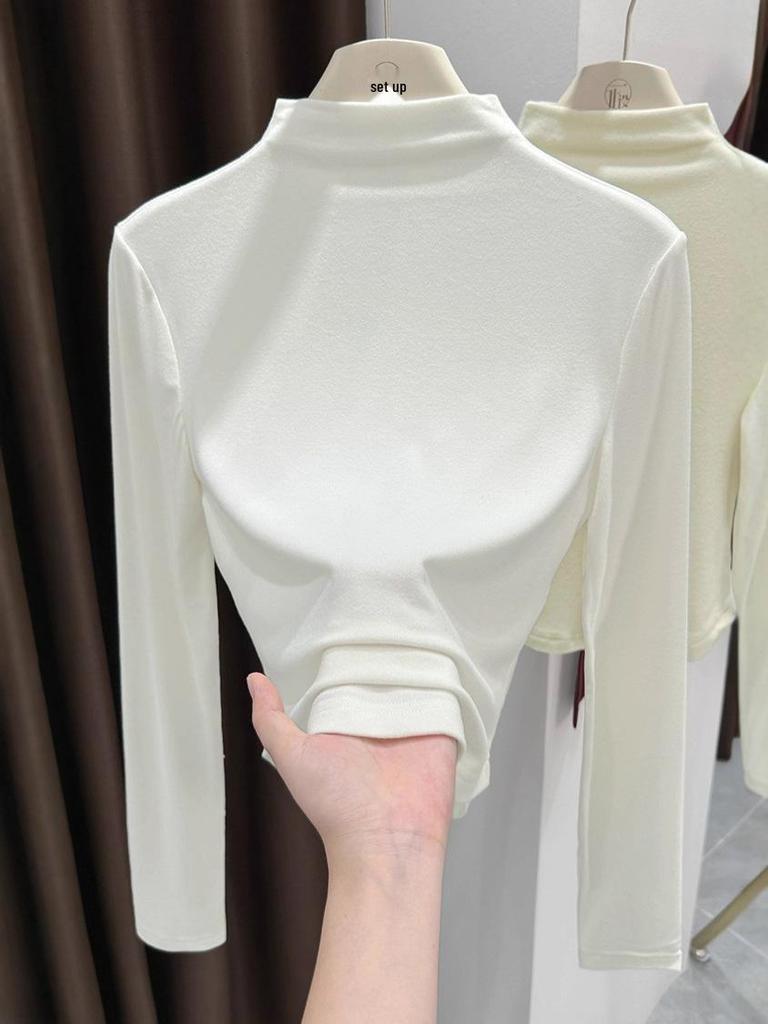 Women's Slim-Fit Gray Thermal Long-Sleeve T-Shirt with Half-High Neck for Autumn/Winter