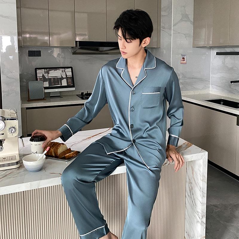 

Ice Silk Men s Pajamas: Long Sleeve & Pants, Thin, Loose, Plus Size, Teen and Adult Homewear for Spring & Autumn. L