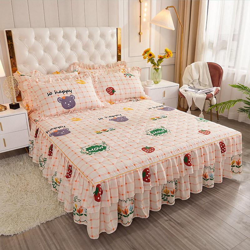 3pcs Bed Skirt Set Solid Color Quilted Thickened Lace Decoration Includes 1 Bed Skirt + 2 Pillowcases Suitable for Home And Hotel