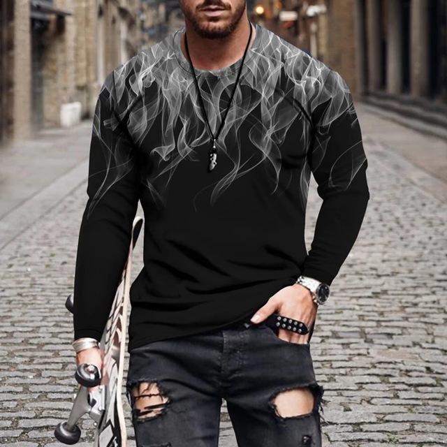 Fashion Long Sleeve T-shirt For Men 3d Fire Print O Neck Tops Hip Hop Cotton T Shirt Oversized Tee Shirt Man Clothing Streetwear