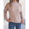 Women's Off-Shoulder High Neck Cable- Sweater - Soft Stretchy Long Sleeve Pullover, Solid Color Casual Chic Fall Winter Top, Highneck Pullover