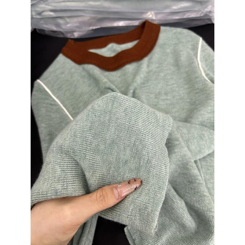 Crew neck contrasting knitted bottoming shirt women's spring slim-fitting soft waxy inner sweater age-reducing top