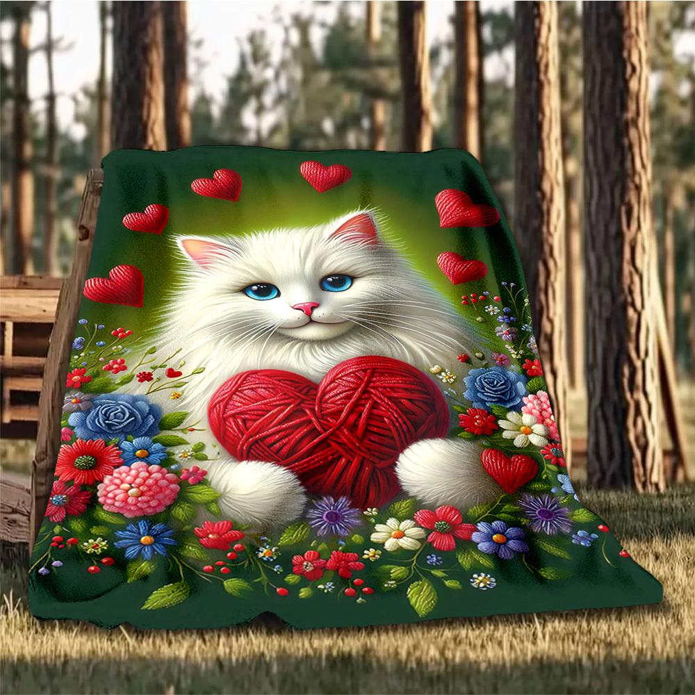 1pc Cat Heart Flowers Outdoor Flannel Blanket , Machine Washable Perfect Gift for Birthday , Holiday Travel Accessory , Durable Material