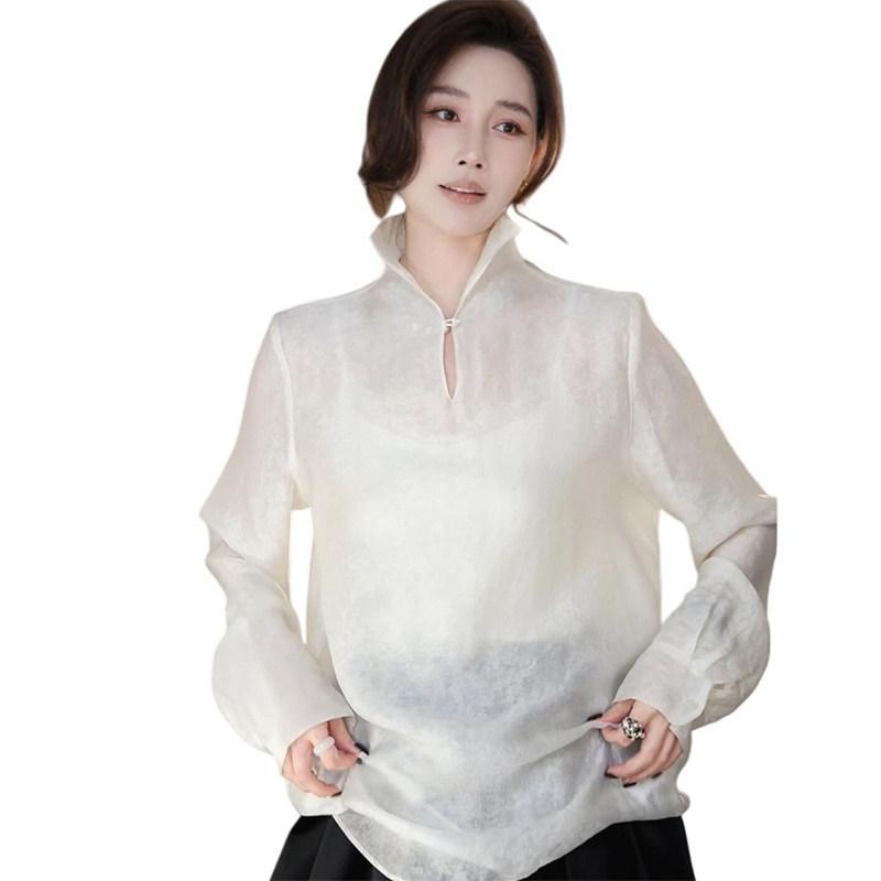New Chinese Style Stand Collar Long Sleeve Women's Shirt - Slimming, Elegant Spring Fashion 2026.