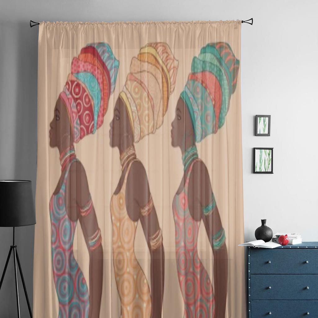 Pretty African American Woman Traditional Chiffon Sheer Curtains for Living Room Bedroom Window Curtain Voiles Tulle Cortinas
