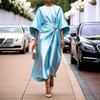 Women's Satin Slip Dress with Ruffle Sleeves, Side Slit, and Silver Brooch Detail, Elegant Evening Gown