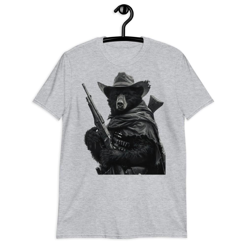 

Black and White Cowboy Black Bear Rifle T-Shirt | Short-Sleeve Unisex Tee 3XL