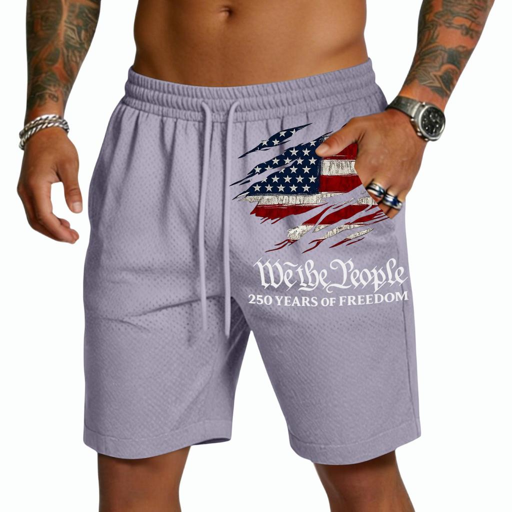 Pantalones Cortos de Malla para Hombre con Cintura de Cordón y Gráfico de Bandera We The 250 Años de Estilo Holgado