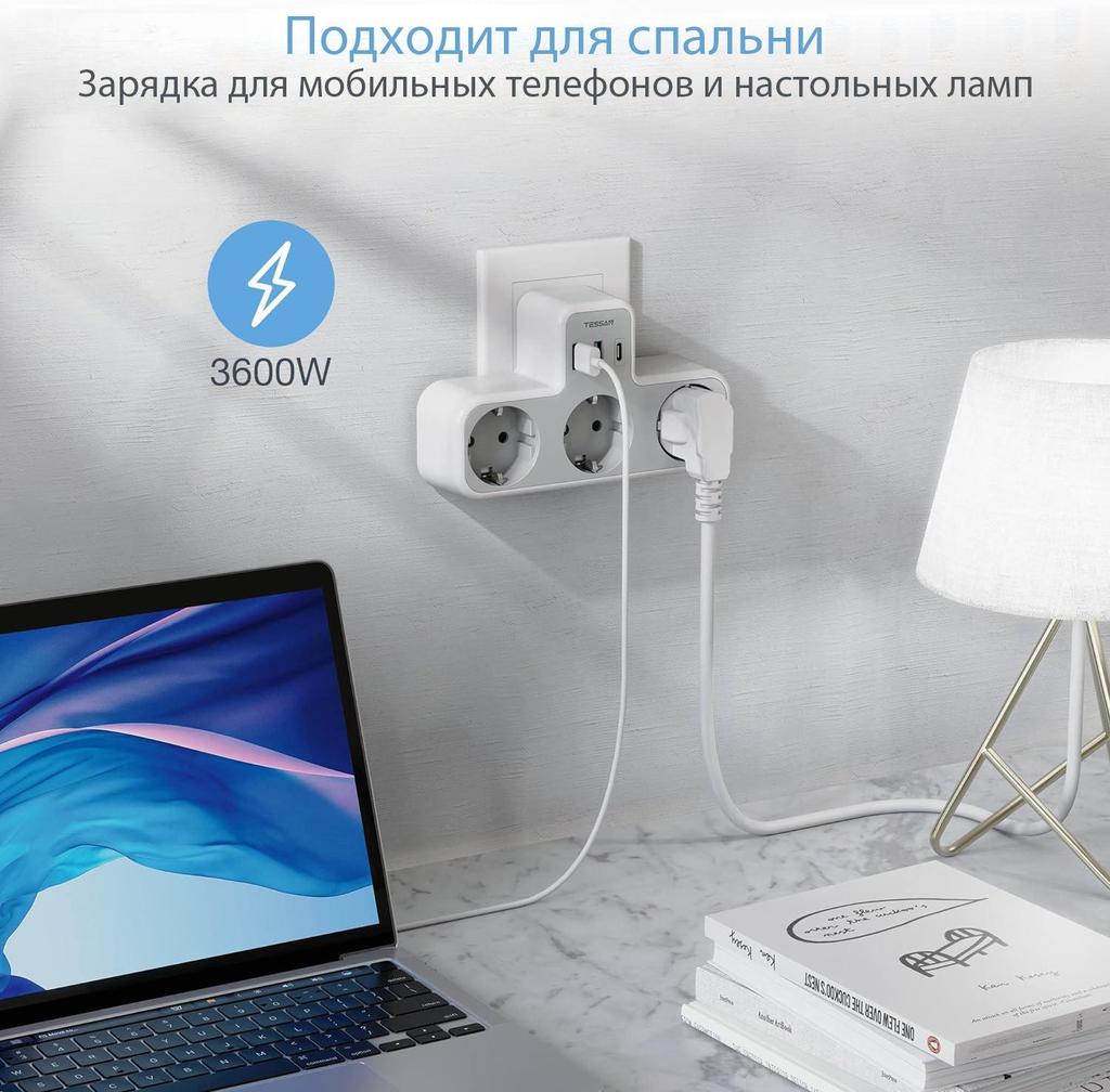 Tessan שקע קיר מרובים שחור עם 3 שקעי AC ו-2 יציאות USB 1 Type C, מתאם USB 6 ב-1 עם הגנה מפני עומס יתר לסמארטפון, טאבלט