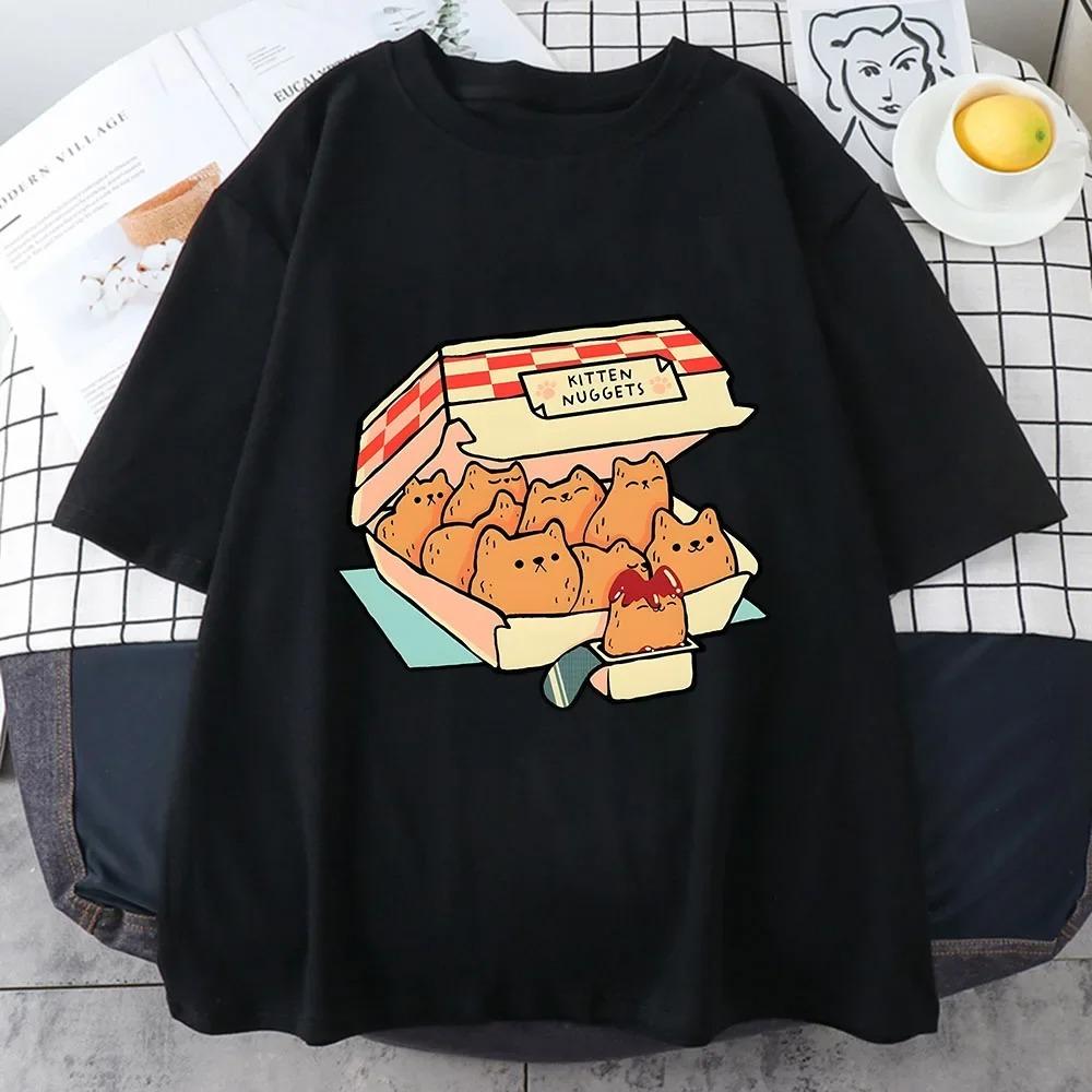 

Kitten Nuggets Happy T Shirts Women Kawaiicute High Street Tshirts Tshirts Cat Biscuits Dipping Sauce Short Sleeve S