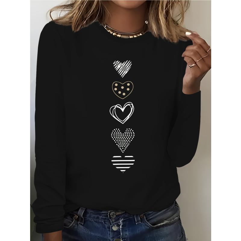 Damen Frühjahrs- und Herbstkleidung Buntes Herz Aufdruck T-Shirt Langarm Rundhals Freizeit Oberteil