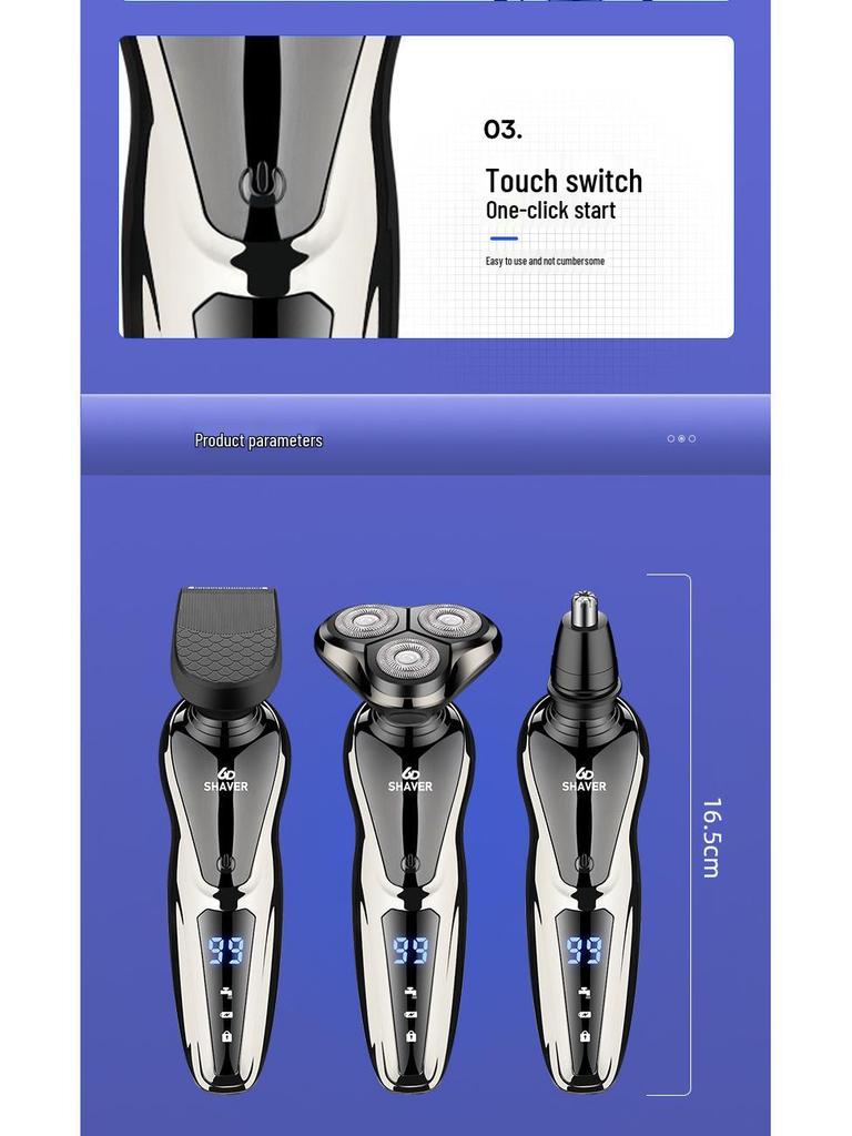 German Triple-Head LCD Digital Shaver: Washable 3-in-1 Hair Clipper, Nose Trimmer, Electric Shaver.