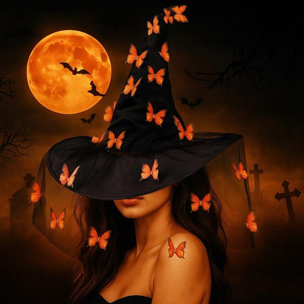 Funny Butterfly Wizard Cap Colorful Halloween Cap with Veil Halloween Witch Hat  Masquerade