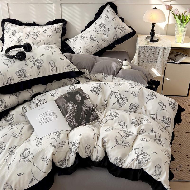 Washed Cotton Ruffle Bedding Set French Hepburn Style Floral Sets