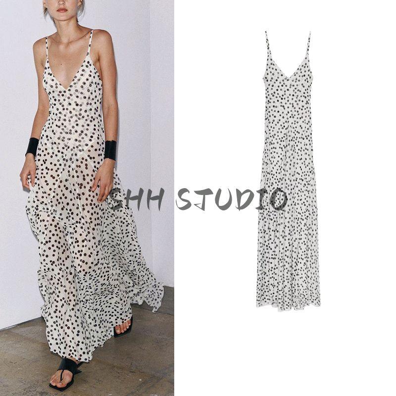 Summer New Women clothes Western Style A- line Hem V-neck Thin Sling Polka Dot Long Dress 5039226