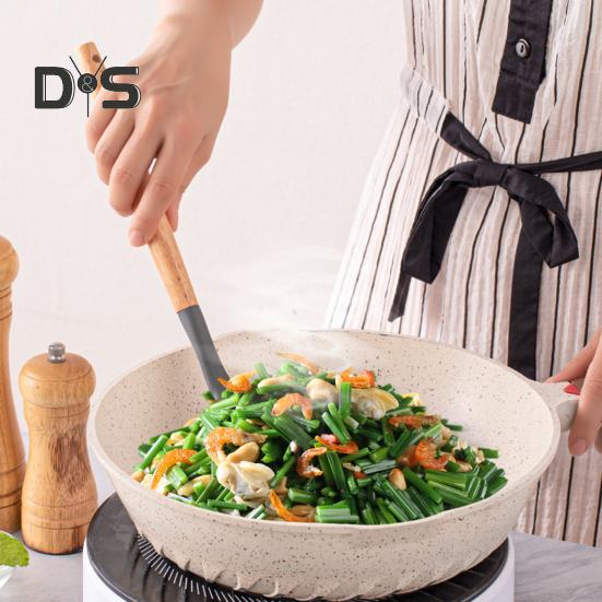 12Pcs Silicone Kitchenware Set Turner Spatula Spoon Non-Stick Heat Resistant Cooking Utensils with Wooden Handles Storage Bucket for All Cookware