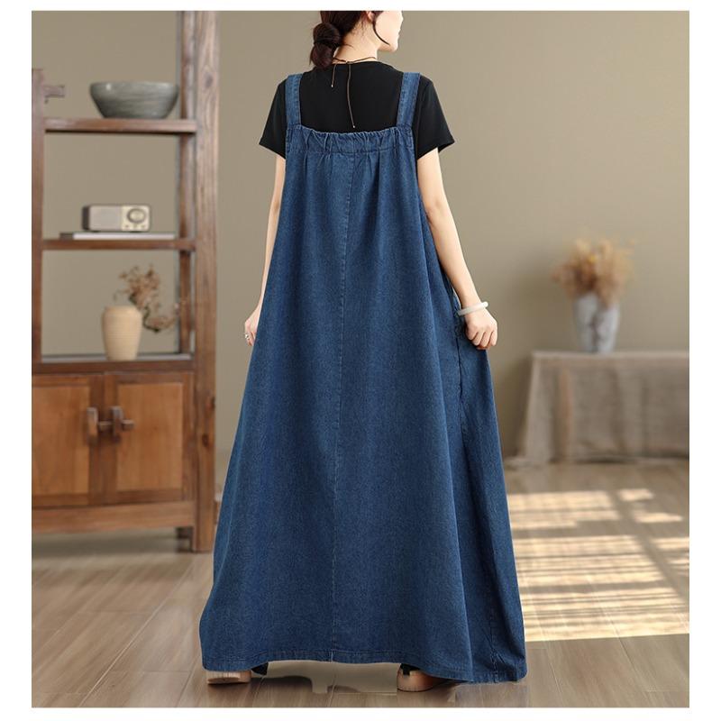 DIMANAF Women Plus Size Denim Blue Dress Maxi Long Dress Sleeveless Vintage Loose Casual Basic Dresses Cottton