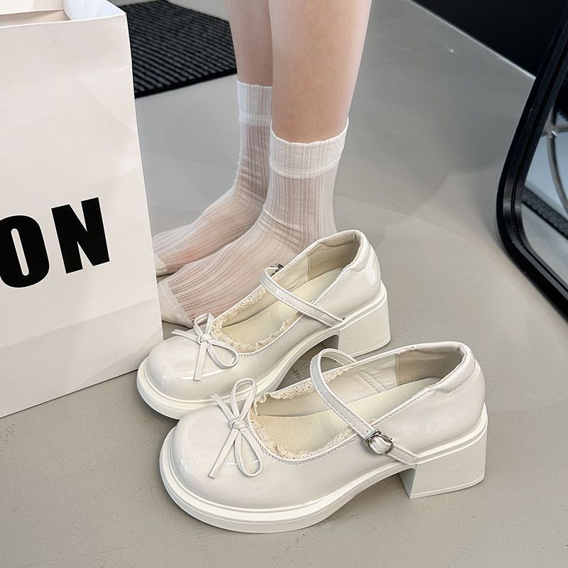 Versatile thick heel Mary Jane shoes women's summer new French round head bow British style small leather shoes women