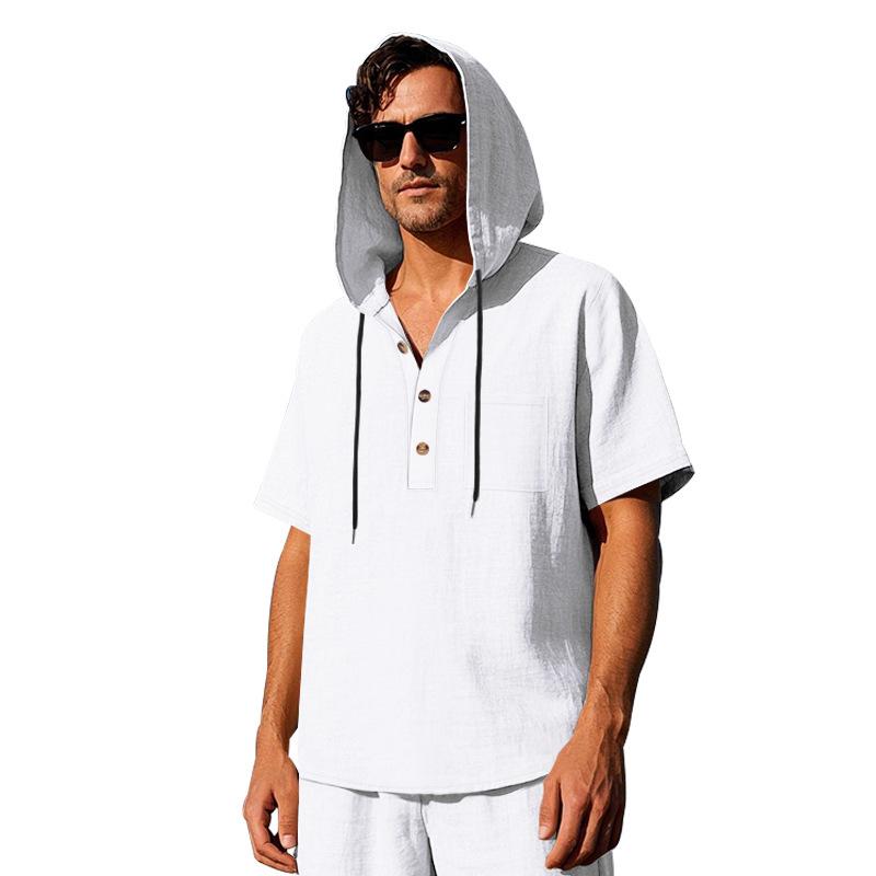Herren Heiß Verkauft Amerikanisches Sommer Leinenhemd, Einfaches Lockeres Freizeit Kapuzen Henley Kurzarm T-Shirt