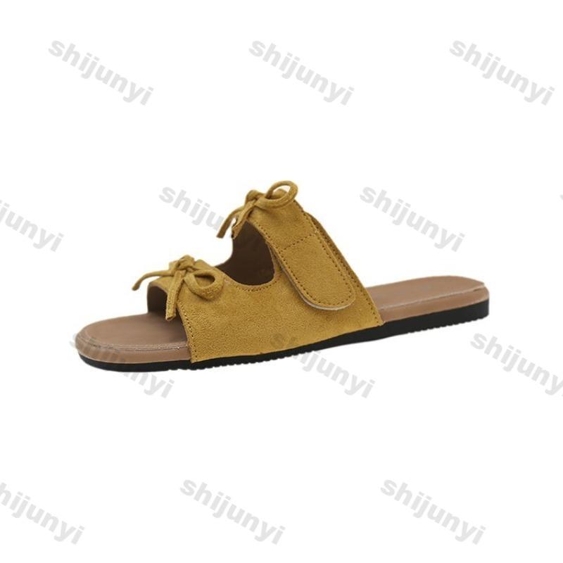 2025 Summer New Fashion Bow Women's Slippers Outdoor Retro Beach Casual Flat Shoes Lightweight Comfortable One Word Slippers