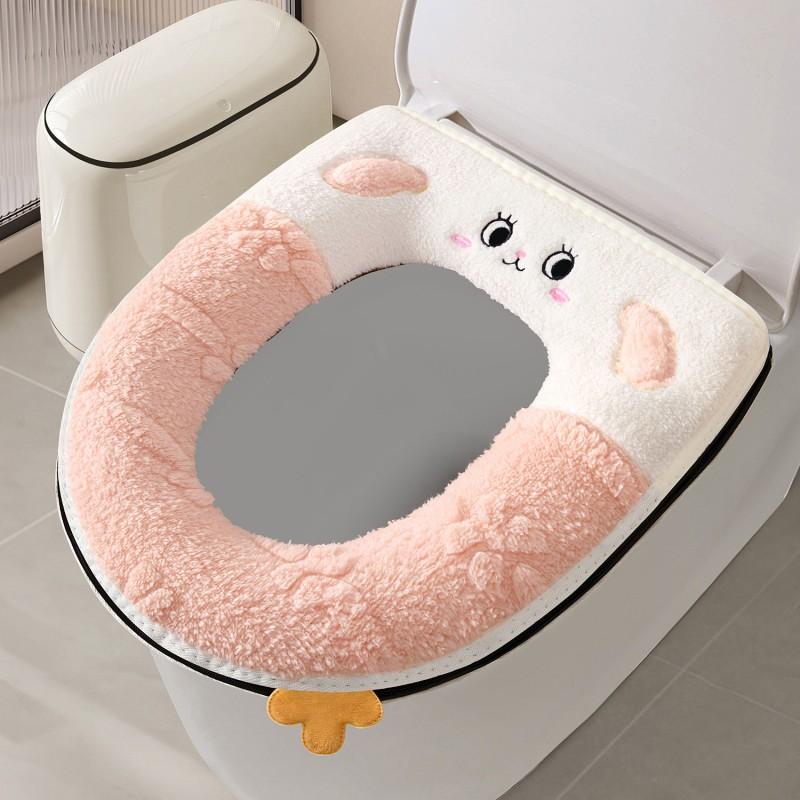 Plush Cartoon Toilet Seat Cover With Zipper Thick Soft Winter Fall Bathroom Accessory U-Shaped Home Use