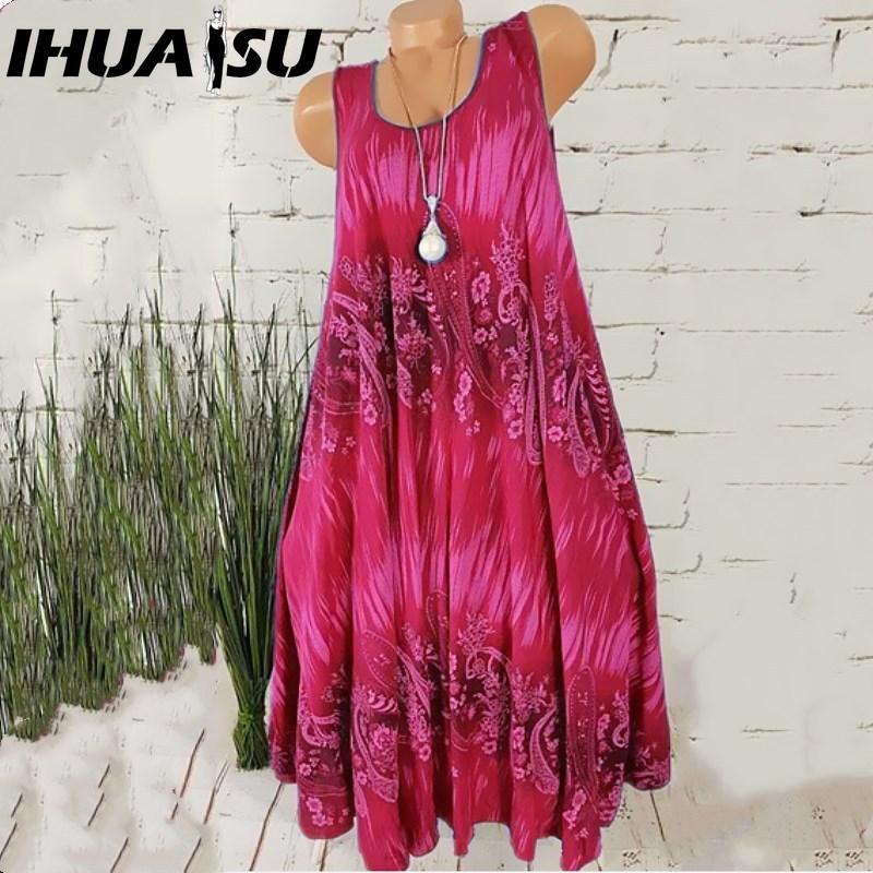 IHUASU Women Summer Sleeveless Floral Print Round Neck Dress