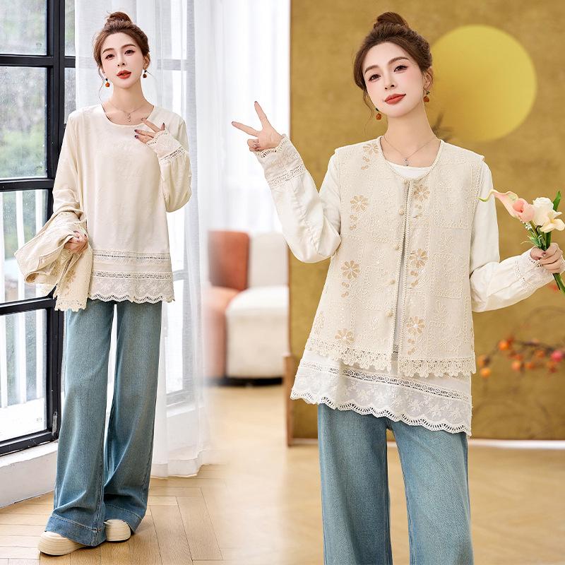 Spring 2025 Women's Lace Patchwork Shirt and Embroidered Cardigan Vest Set