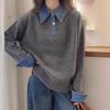 Women's Loose Polo Collar Denim Patchwork Two-Piece Sweater - Autumn Winter 2026 Knitwear Fashion Top