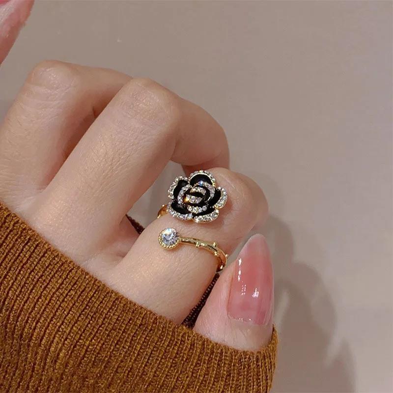 New French Black Shiny Zircon Rose Open Ring For Women Personalized Fashionable Daily Accessories Party  Birthday Gifts