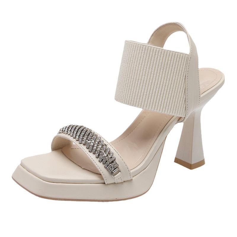 Women Fashion Sexy Chunky Square Toe Platform Pumps Sandals Women Summer New Elastic Rhinestone Platform Party Sandalias Mujer