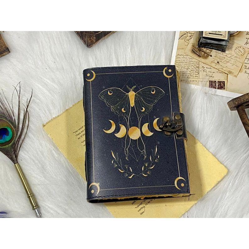Blank Spell Book of Shadows Handmade Vintage Leather Journal Junk Journal Luma Moth Journal Spell Book Leather Gifts for Men and Women
